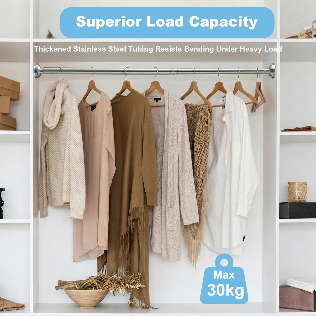 Carehabi Bastone Tenda a Pressione Tenda Doccia 85-200cm Ø 25 mm Asta Appendiabiti per Armadio per Tendaggi Doccia Aperture Delle Porte e Armadio