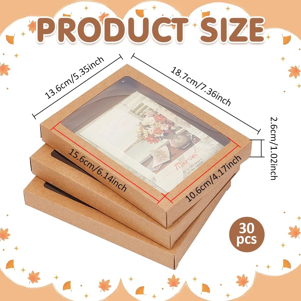 BENECREAT 30 Scatola Portaoggetti per Biglietti D'Auguri, Scatola di Carta Kraft Da 18.7x13.6x2.6cm con Finestra Trasparente per Busta, Cornice Portafoto, Cammello
