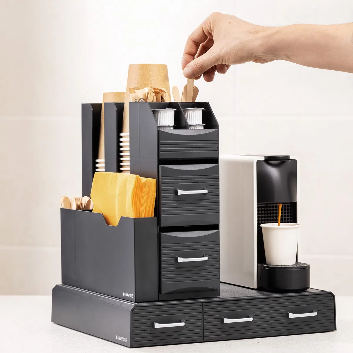 Navaris Porta Cialde - Contenitore Capsule - Cassetto sotto Macchina Caffe - Portacialde da caffè - Porta Bicchierini Zucchero e Palette - Organizer Angolo Caffe Cucina - Nero