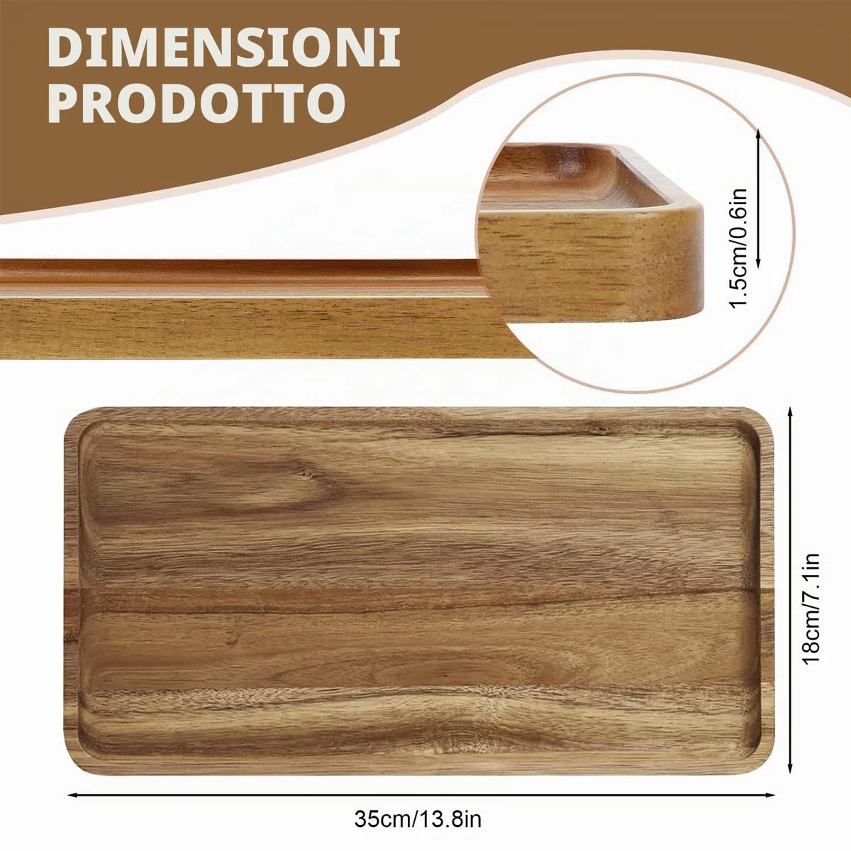 Vassoio da portata in legno di acacia, tagliere rettangolare in legno per servire cibo, frutta e formaggio, 35 x 18 cm, vassoio da dessert in legno (1)