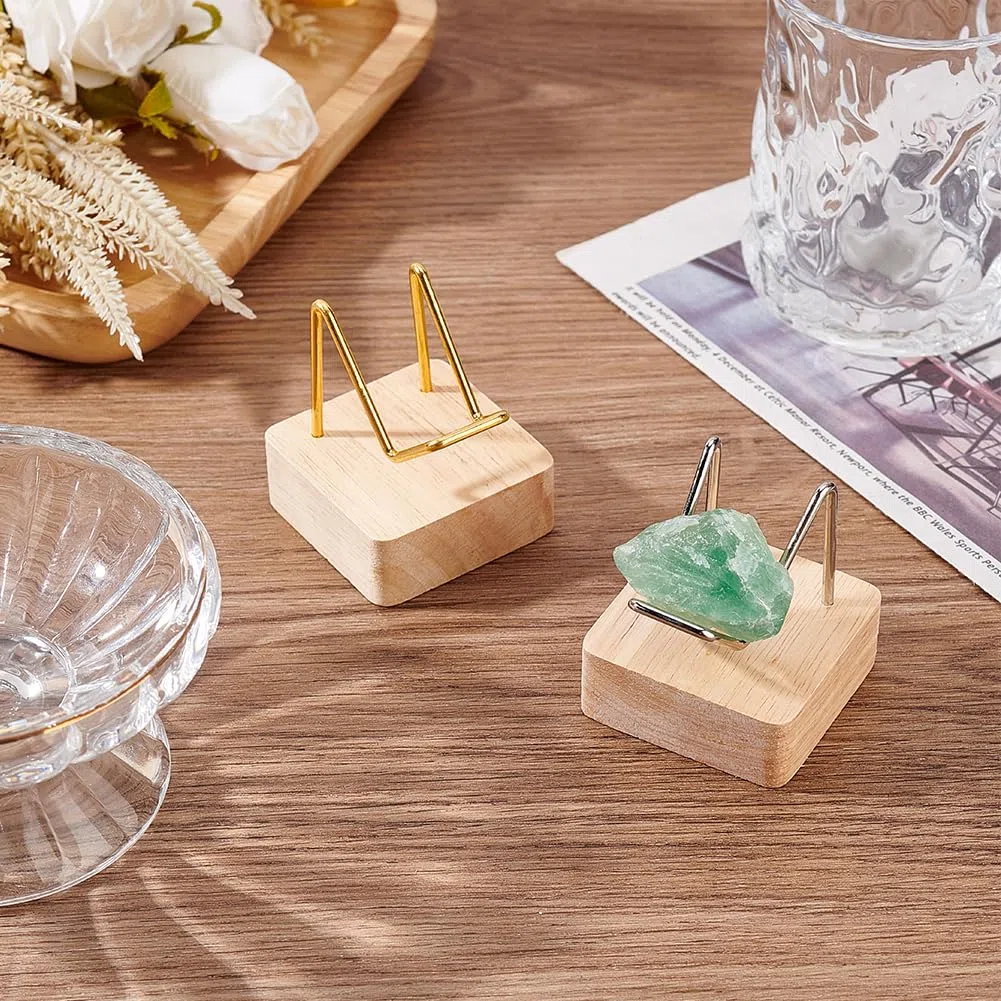 FINGERINSPIRE 2 pezzi base in legno pietra espositori 5 x 5 x 6 cm oro argento braccio metallico espositore minerali campioni supporto cavalletto per pietre preziose agata pietre sfere di cristallo