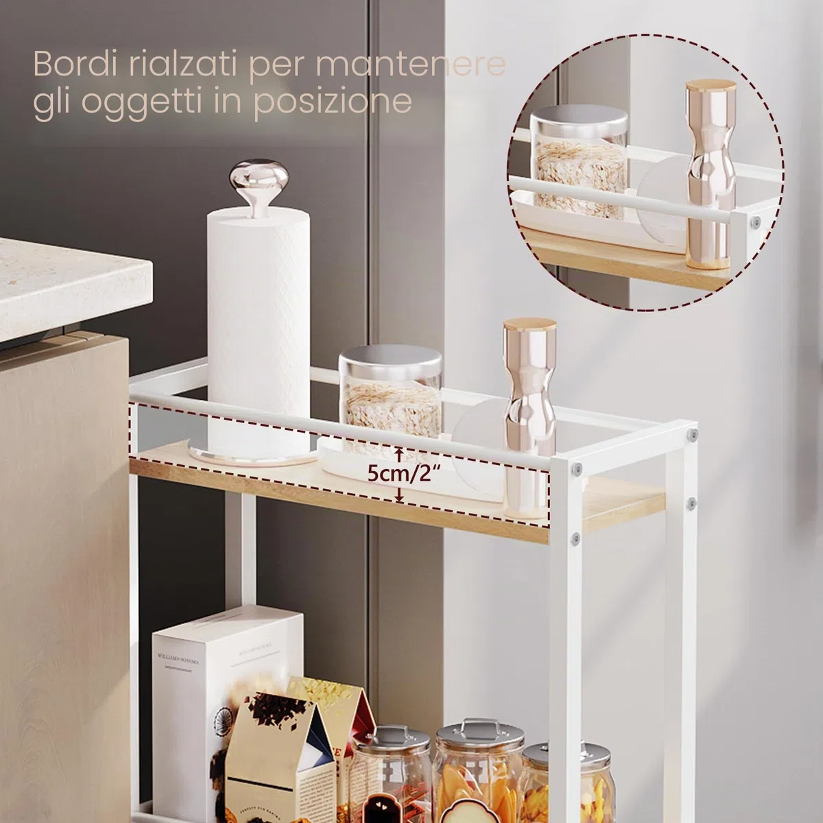 MAHANCRIS Carrello Sottile a 3 Ripiani, Stretto con Ruote, Pratico Carrello Portaoggetti, Scaffale da Cucina in Legno, Per Spazi Ristretti in Sala da Pranzo, Bagno