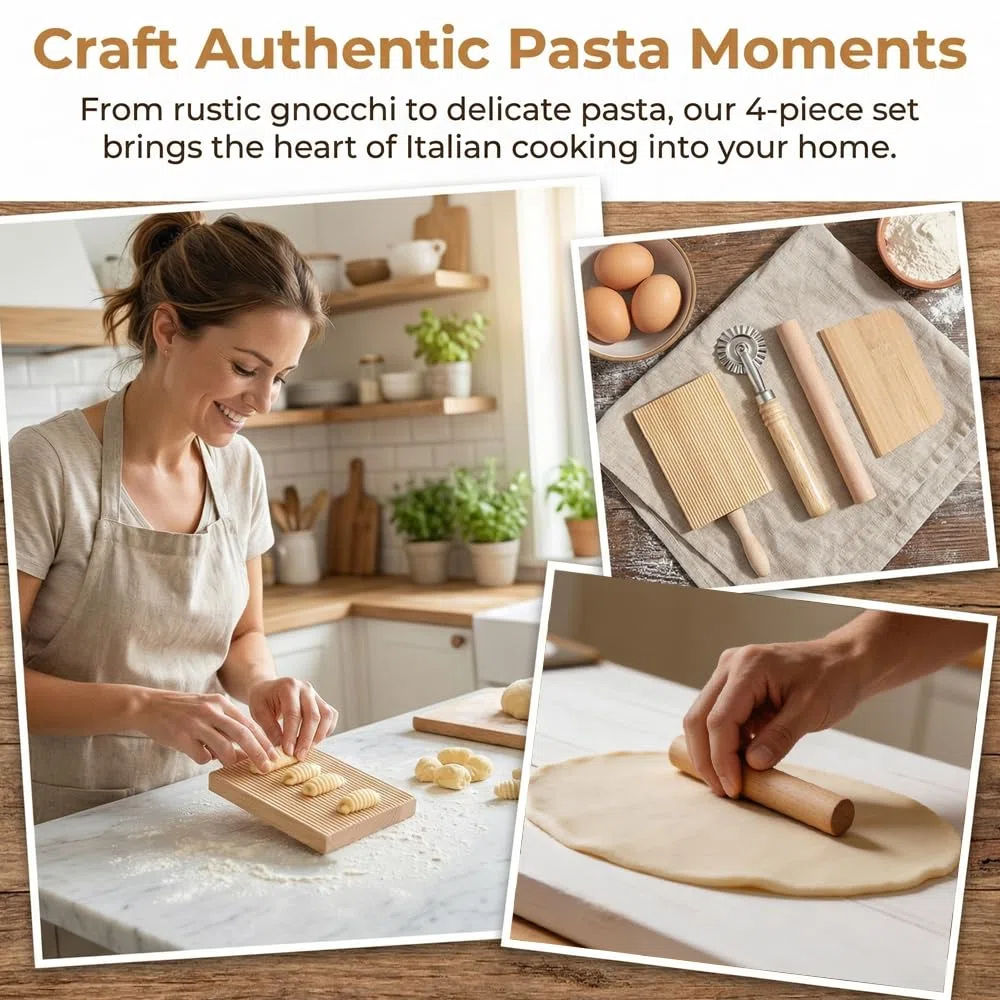 4 Pz Set di Rigagnocchi con Asta per Garganelli, Rigagnocchi in Legno, Utensile Manuale Realizzare Garganelli e Gnocchi, Pasta Board Gnocchi Roller con Mattarello, Taglia-pancake e Raschietto
