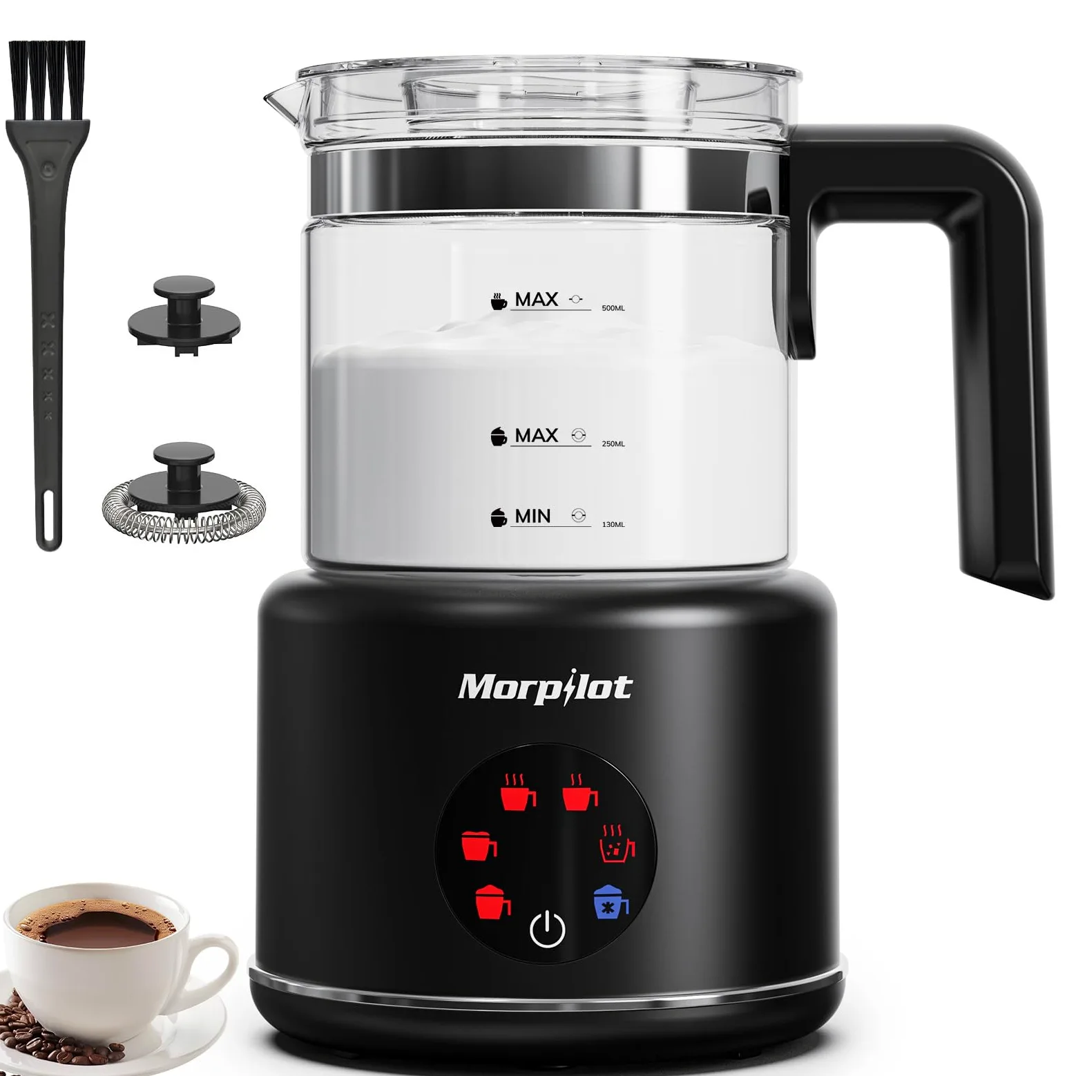 Milk Frother, Morpilot Montalatte Elettrico in Vetro, 6 in 1 Funzione, Capacità 250ml Per Schiumare o 500 ml Per Riscaldare Latte, Design Diviso, Nero
