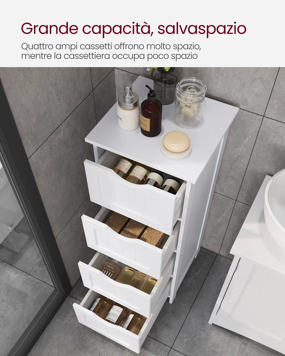VASAGLE Mobile da Bagno, Cassettiera, Armadio Autoportante, con 4 Cassetti, 30 x 30 x 82 cm, per Bagno, Soggiorno, Sala da Pranzo, Cucina, Stile Moderno, Bianco LHC40W