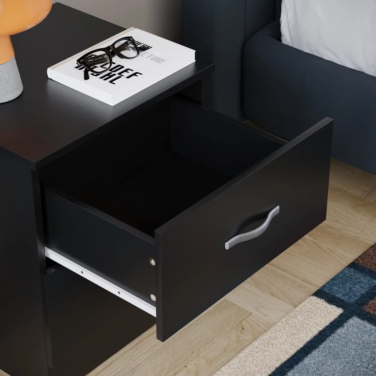Vida Designs, Comodino con 2 cassetti, Maniglie in Metallo e Guide, Sistema Unico Anti-ribaltamento, per Camera da Letto, Colore Nero