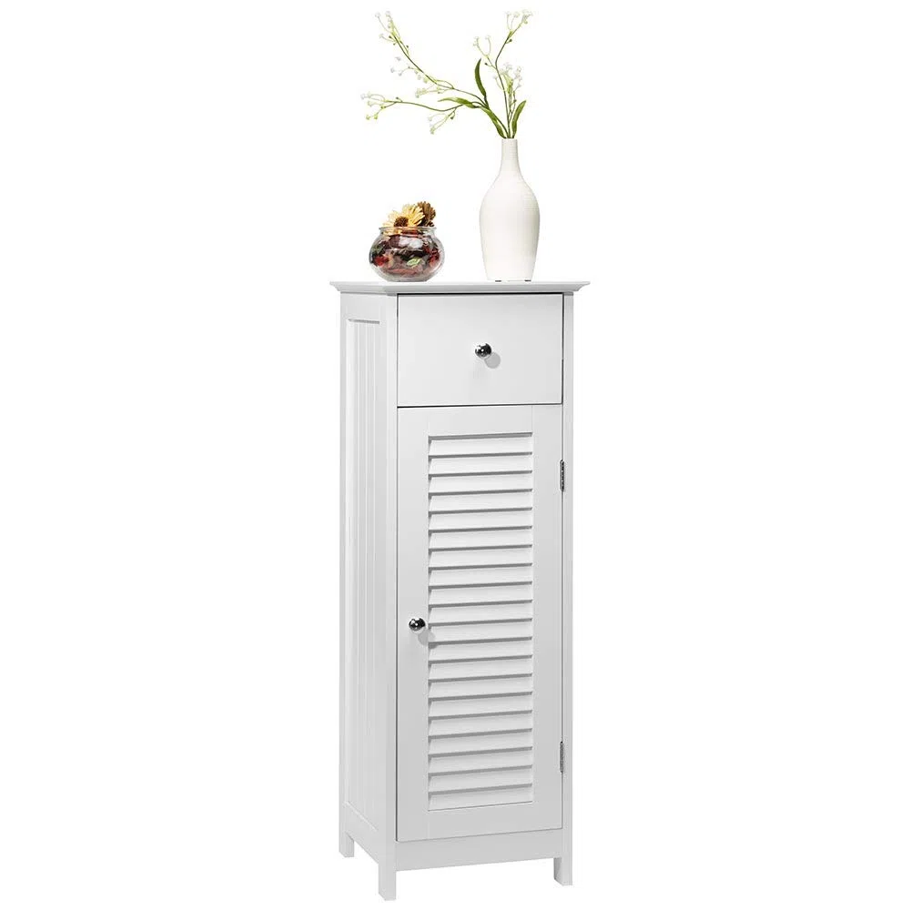 BAKAJI Mobile a Colonna per Bagno con Anta Cassetto e 2 Ripiani Interni Mobiletto Armadietto in Legno MDF Colore Bianco Dimensione 32 x 30 x 87 cm