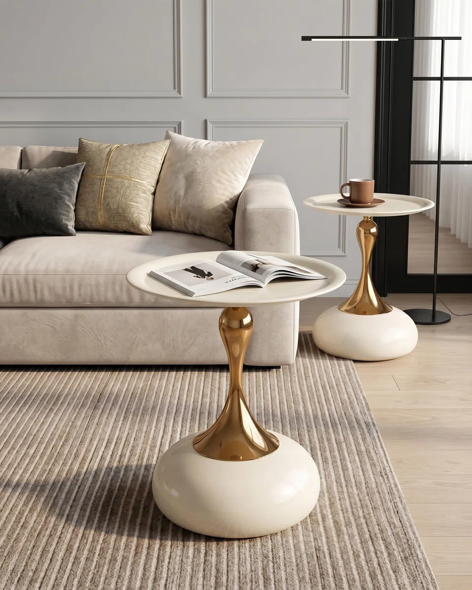 Set di 2 Tavolino da Salotto Bianco e Oro, Side Table Rotondo in Metallo, Elegante Tavolinetto da Divano Moderno, Piccoli Tavolini di Design, Montaggio Senza Attrezzi, 40x H53cm