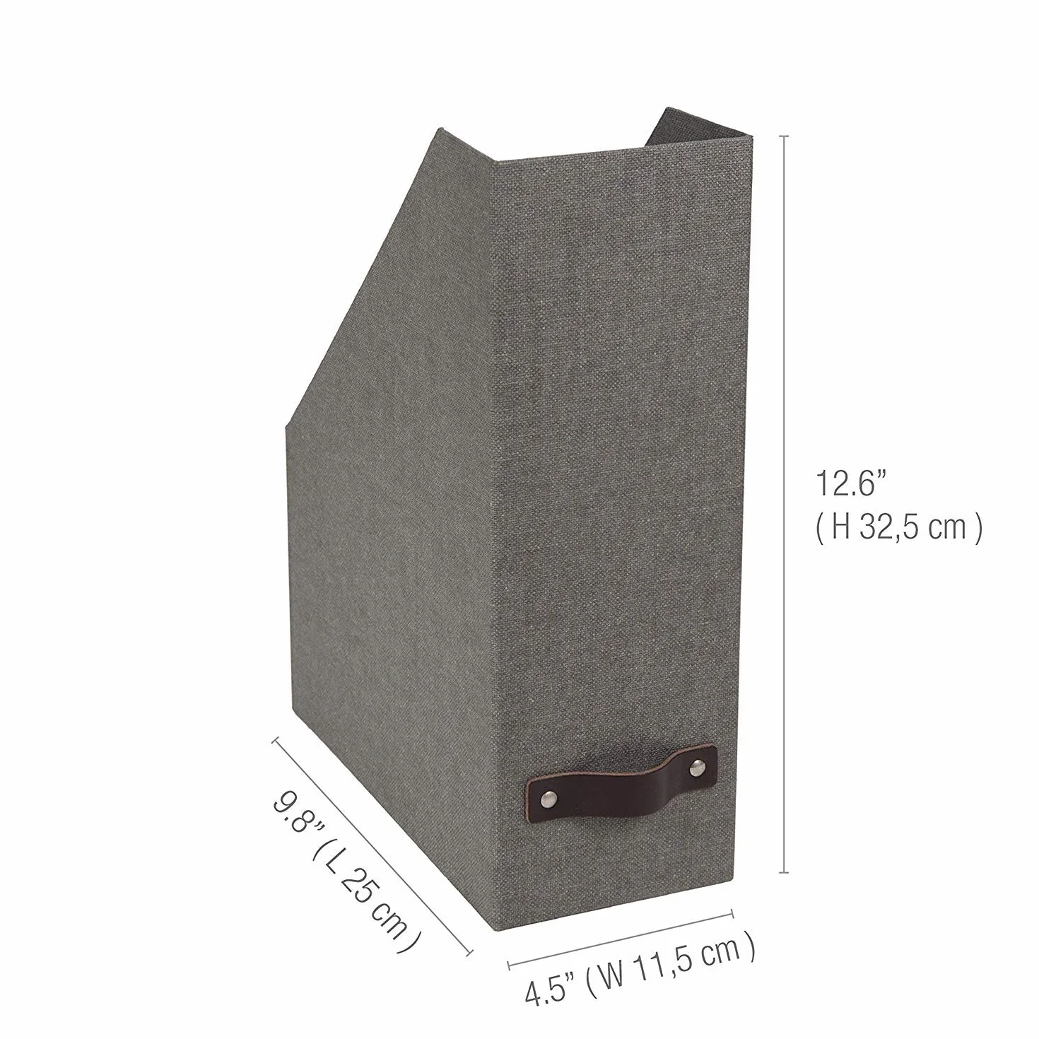 Bigso Box of Sweden Porta riviste con maniglia in pelle – Raccoglitore ufficio in fibra di legno e carta con effetto lino – Portadocumenti scaffali per riviste, cartelle o giornali – grigio