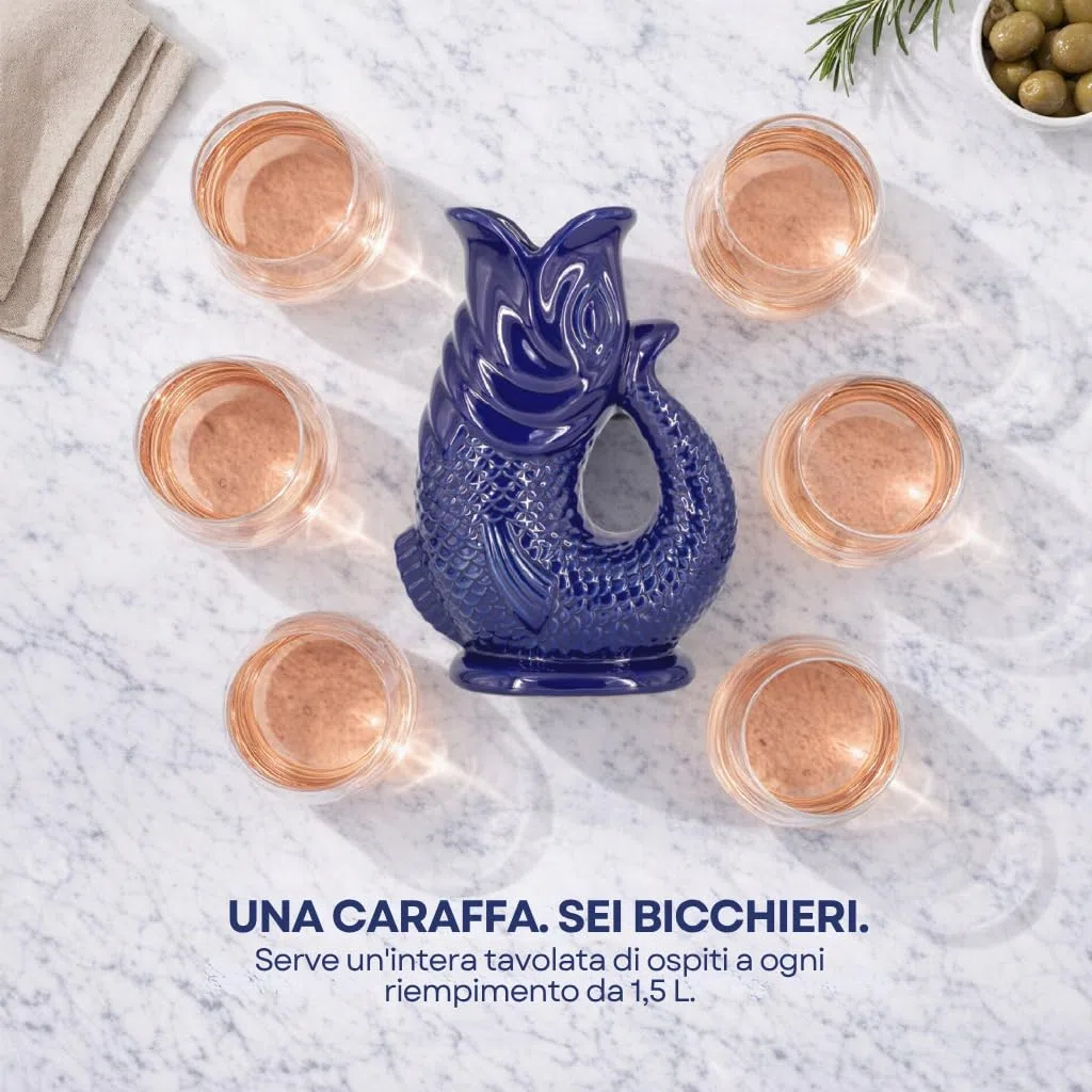 The Bubble Jug Brocca Acqua Blu Cobalto Scuro da 1,5 l Caraffa Acqua e Cocktail Extra Large a Forma di Pesce Brocca Ceramica Decorativa per Cocktail, Acqua, Gin - Brocca Gorgogliante