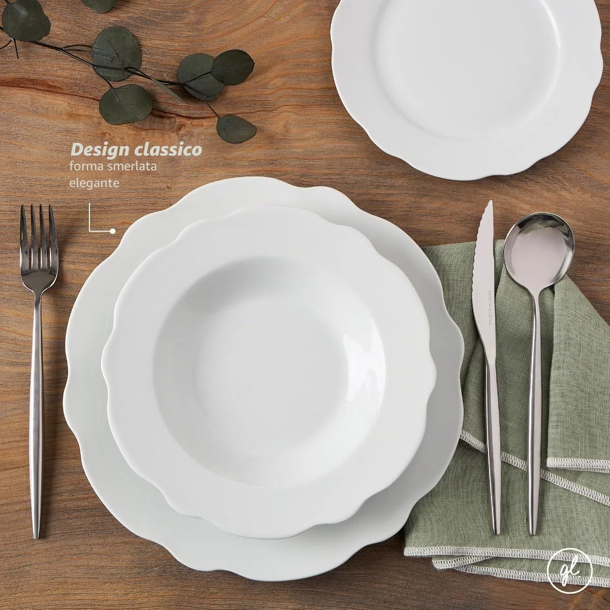 Geneviève Lethu 545865 - Servizio da tavola in porcellana bianca, 18 pezzi, per 6 persone, piatti piani, piatti fondi, piatti da dessert, collezione Vienna alla forma smerlata