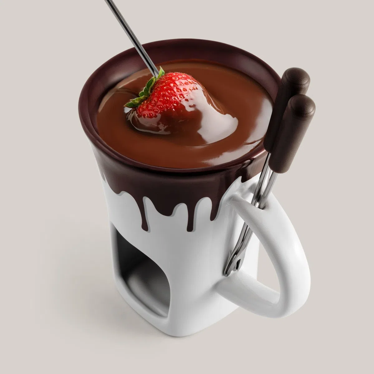 Swissmar Nostalgia F12064 Set di 4 tazze per fonduta di cioccolato, ceramica/acciaio inossidabile, bianco/marrone, 120 ml, candela riscaldata, lavabile in lavastoviglie, confezione regalo