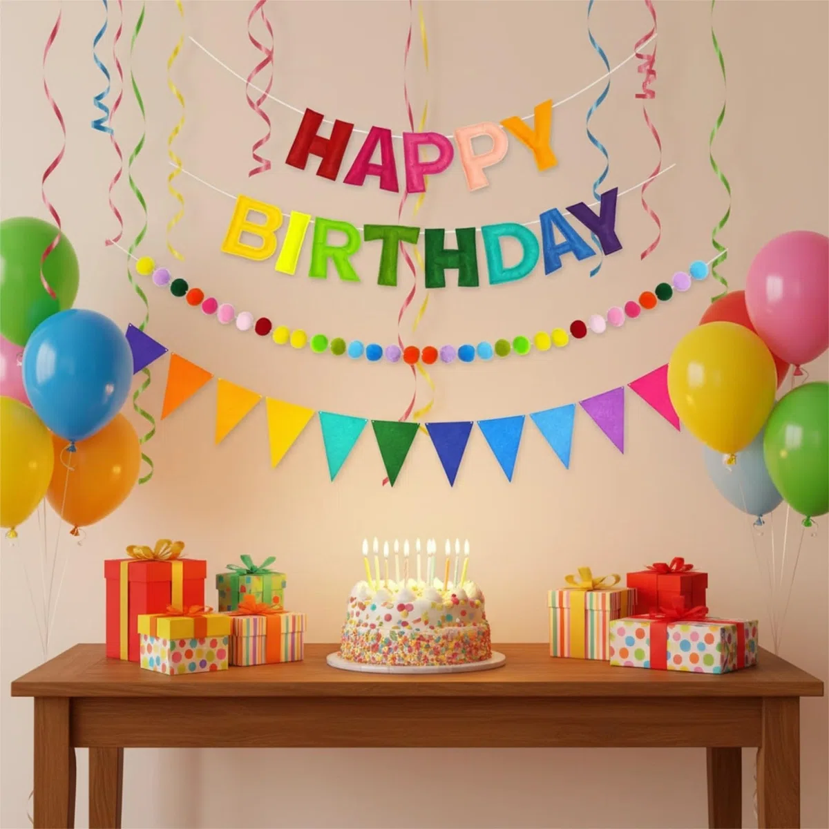 Happy Birthday Banner, Riutilizzabile Banderole Buon Compleanno, Arcobaleno Catena di Gagliardetti con Lettere e Palle di Feltro, Ghirlanda Preassemblata Decorazioni per Festa di Compleanno