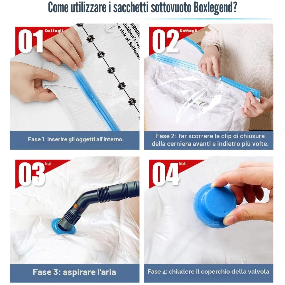 BoxLegend Sacchetti Sottovuoto Vestiti Buste Sottovuoto Vestiti 6 Pezzi 2*Jumbo 100x80cm + 2*Grandi 80x60cm+2*Piccolo 60x40cm Sacchi Sottovuoto Riutilizzabili per Coperte Lenzuola Piumoni Cuscini