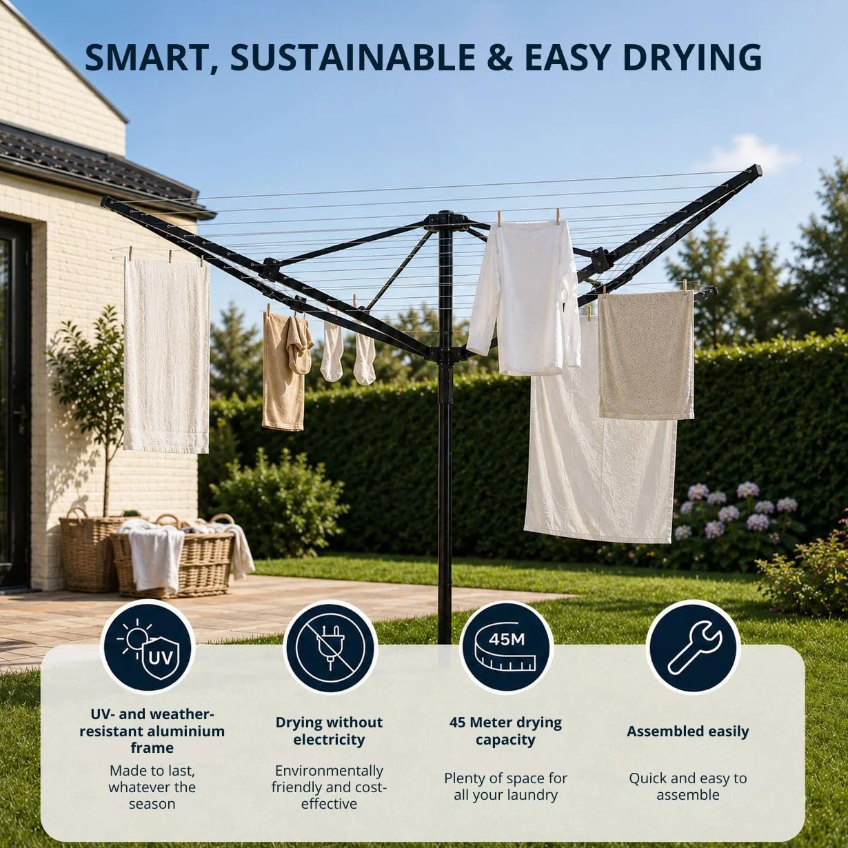 Vonia Stendibiancheria da Esterno 45 m - Stendino Rotativo 4 Bracci in Alluminio, Ancoraggio Metallico Incluso, Fili Retensionabili, Giardino, Nero