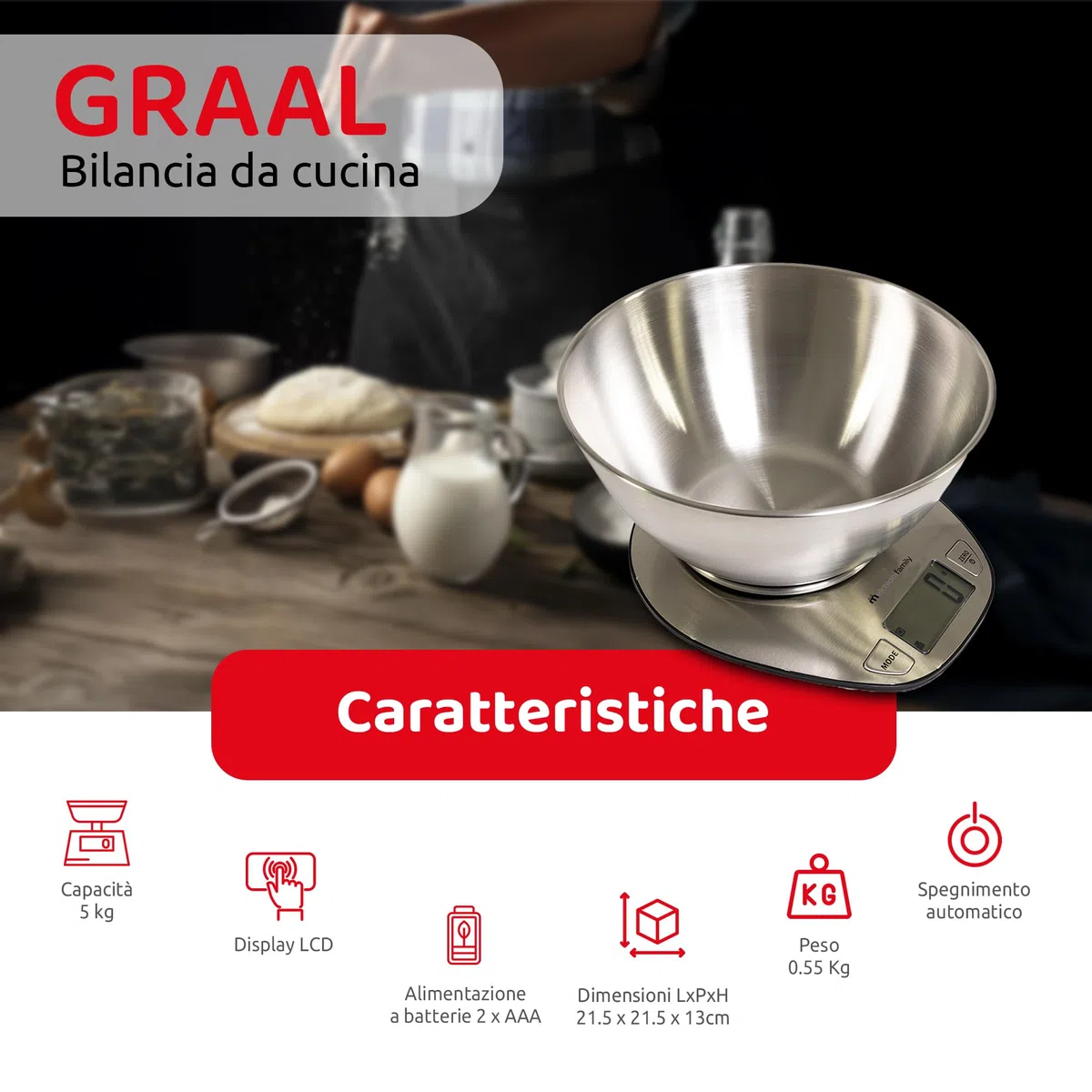 Melchioni Family | Bilancia Cucina Graal Digitale, Funzione Misurazione Tara, Portata Fino a 5 kg, Stainless Steel, Misurazioni Precise, Colore Metello.