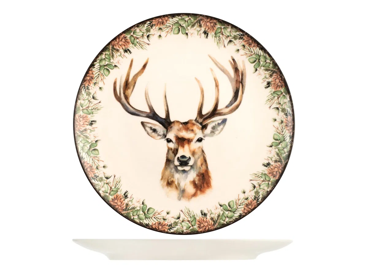 H&H Servizio Tavola 18 Pezzi Montana – Set Piatti Natalizi in Stoneware con Decoro Cervo, Adatto a Lavastoviglie e Microonde – Servizio per 6 Persone, Piatti Piani, Fondi e da Frutta