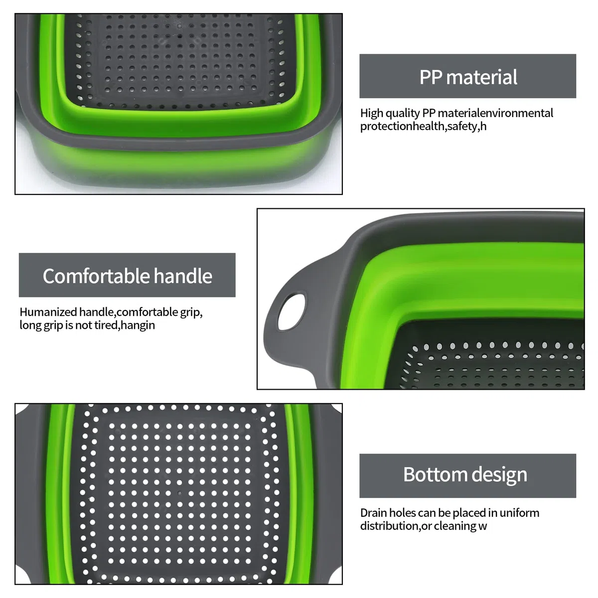 3 Pz Set Scolapasta Silicone Pieghevole, Filtro Cestino Cucina in Silicone con Manico, Filtro Colander Setacci Pieghevole per Drenante Frutta Verdura Pasta, Cucina, Domestica, Campeggio - Verde