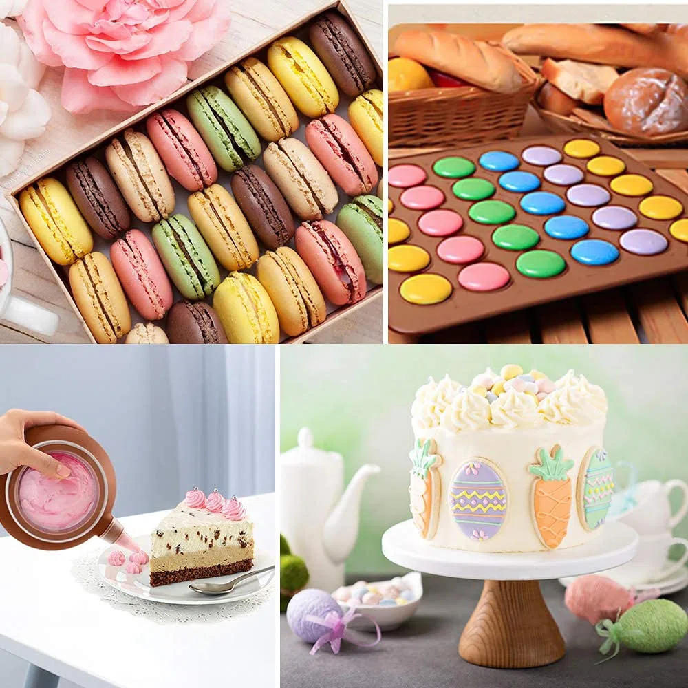GROOFOO Set di Stampi Macarons Stampo in Silicone, 48 Conchiglie Vassoio da Forno Antiaderente con Set di Penne Decorative e 4 Bus per Macaron, Cupcake, Dessert