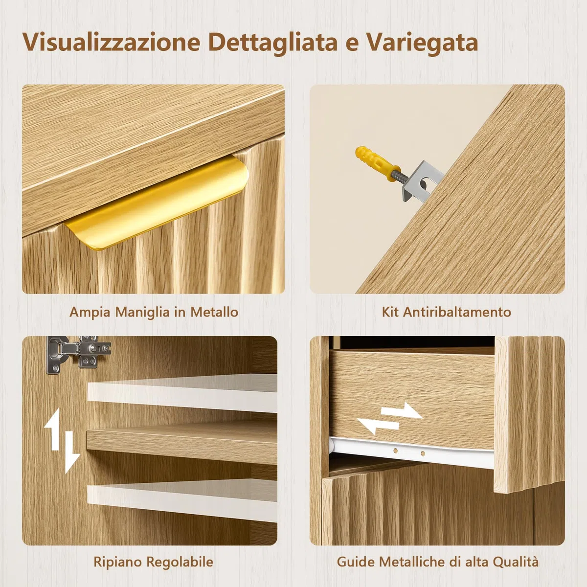 TEENFON Credenza Cucina Scanalata, Mobile con Cassetto e Ripiano Regolabile, Mobiletto Cucina in Legno Naturale con Maniglie Dorate, Credenza Soggiorno per cucina, soggiorno, ingresso-80x38x80cm
