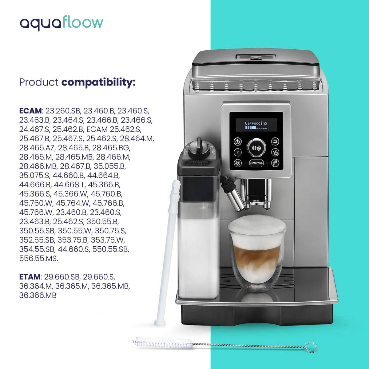 Aquafloow 3x Tubo di Aspirazione del Latte Trasparente 15,7 cm per 5313232961 DeLonghi per Macchina da Caffè + Spazzola di Pulizia per la Pulizia di Macchine da Caffè, Cannucce, Bottiglie, Tazze