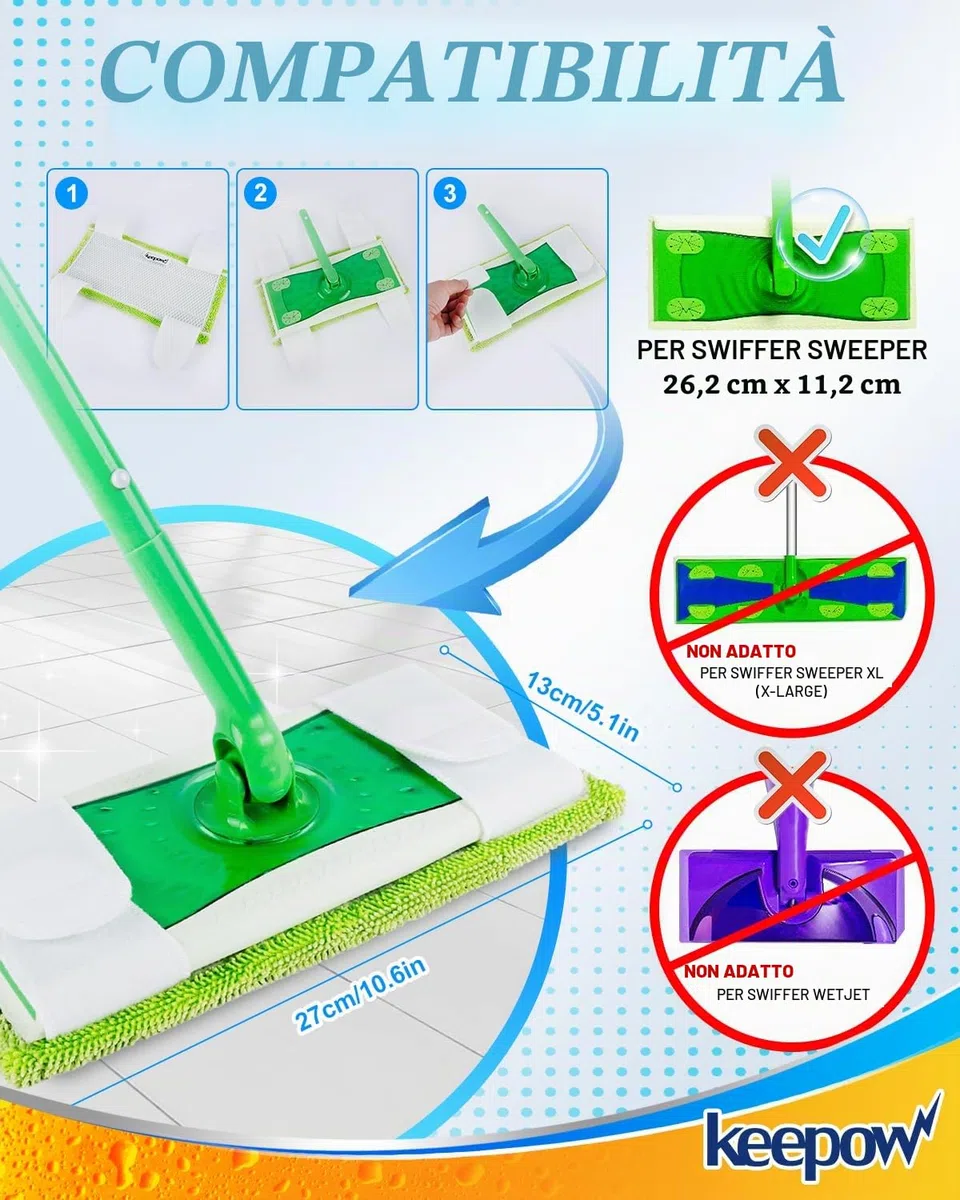 KEEPOW Panni Lavapavimenti per Swiffer Sweeper Scopa, Straccio Lavapavimenti Panni Umidi, Microfibra Lavabili Pavimenti, 6 Pezzi