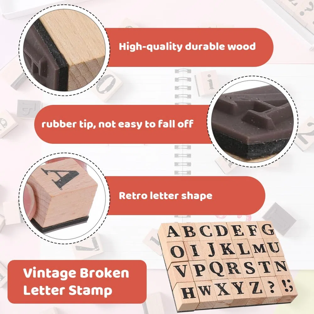 Set Timbri Lettere e Simboli Alfabeto, 28 Timbri a Forma di Lettere in Legno e Gomma con 26 A-Z e 2 Simboli Lettere Timbri Set Vintage Timbro in Legno per Scrapbooking, Fai-da-Te, Cartoline