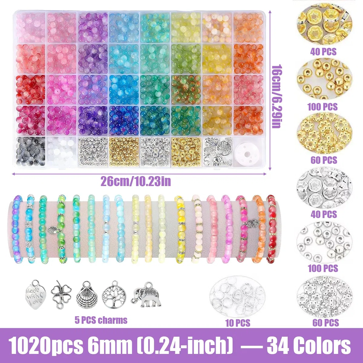 Perline per Braccialetti Realizzato in Vetro Set Completo di Accessori Versatile per L'uso Quotidiano Nclude 34 Stili Impermeabile e Resistente Adatto a Ogni Occasione Monocolore