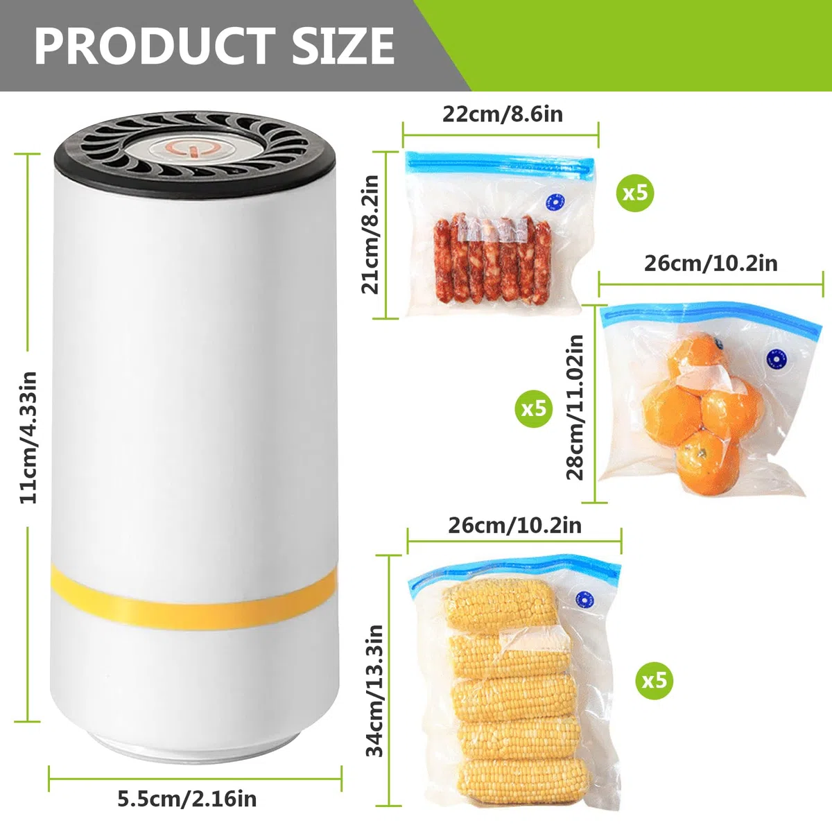 BAIFULAI Macchina sottovuoto con 15 sacchetti sottovuoto, mini sottovuoto portatile per uso domestico, 3 misure, USB ricaricabile, plastica, bianco, manuale, 5 volts