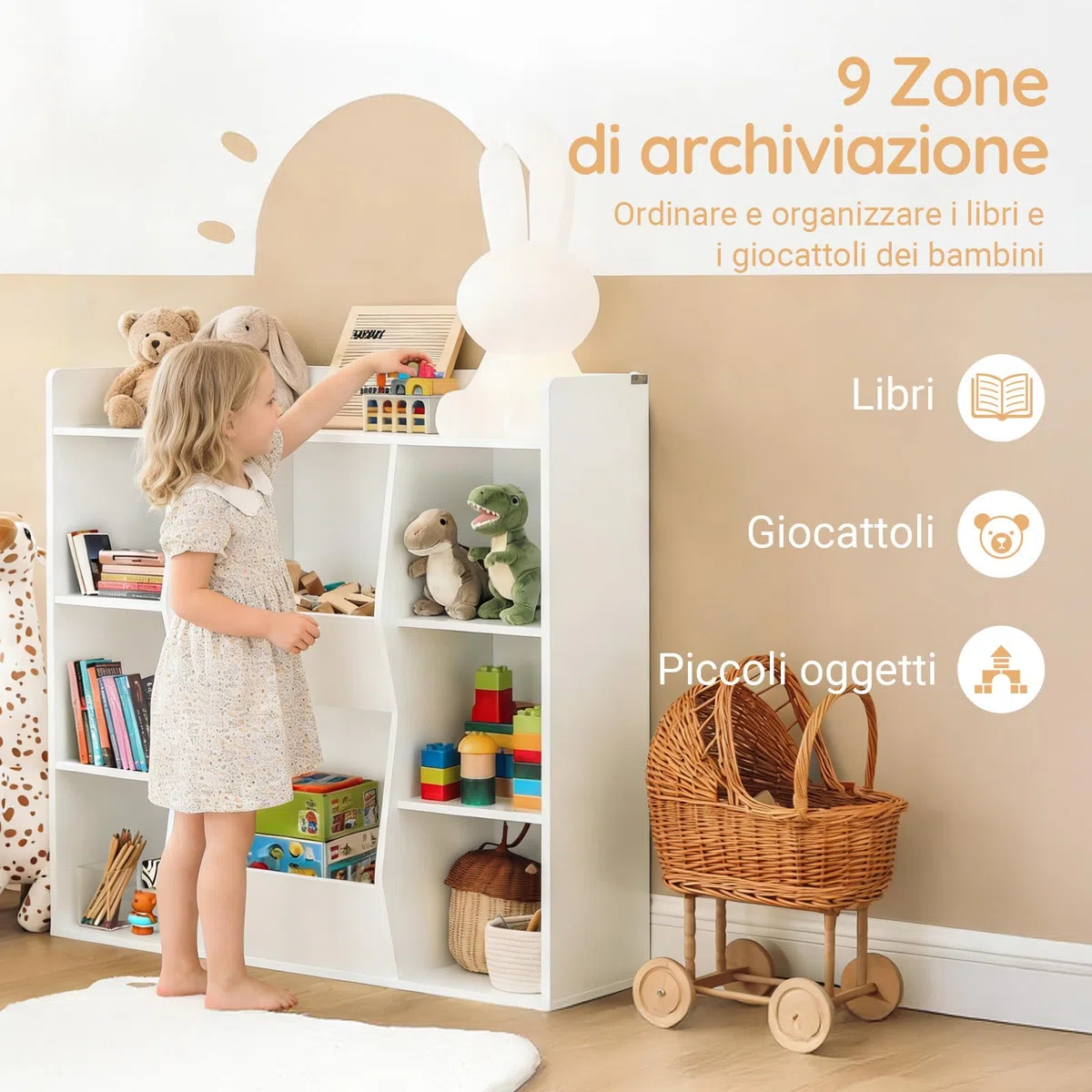 SoBuy Libreria Montessoriana per Bambini - Scaffale Portagiochi con 8 Scomparti Aperti - Libreria da Terra per Cameretta 106x30x104 cm Bianco KMB55-W