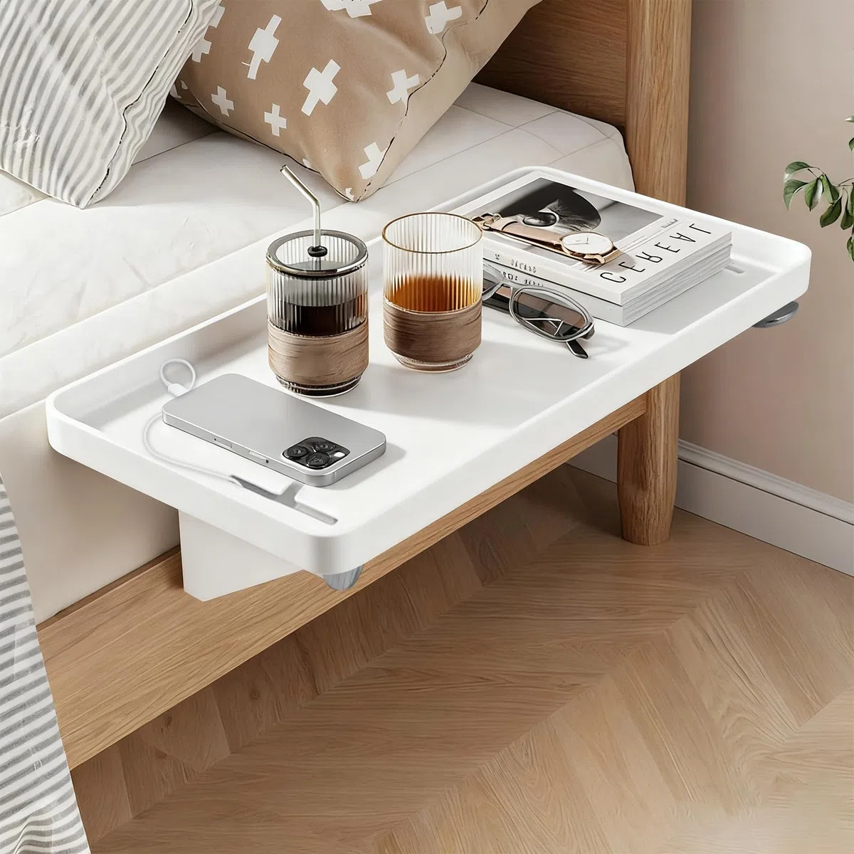 Mensola da comodino: comodino, ripiano pieghevole a clip, per camera da letto, per camera da letto, vassoio con passacavi, 32 x 23,3 x 5,3 cm