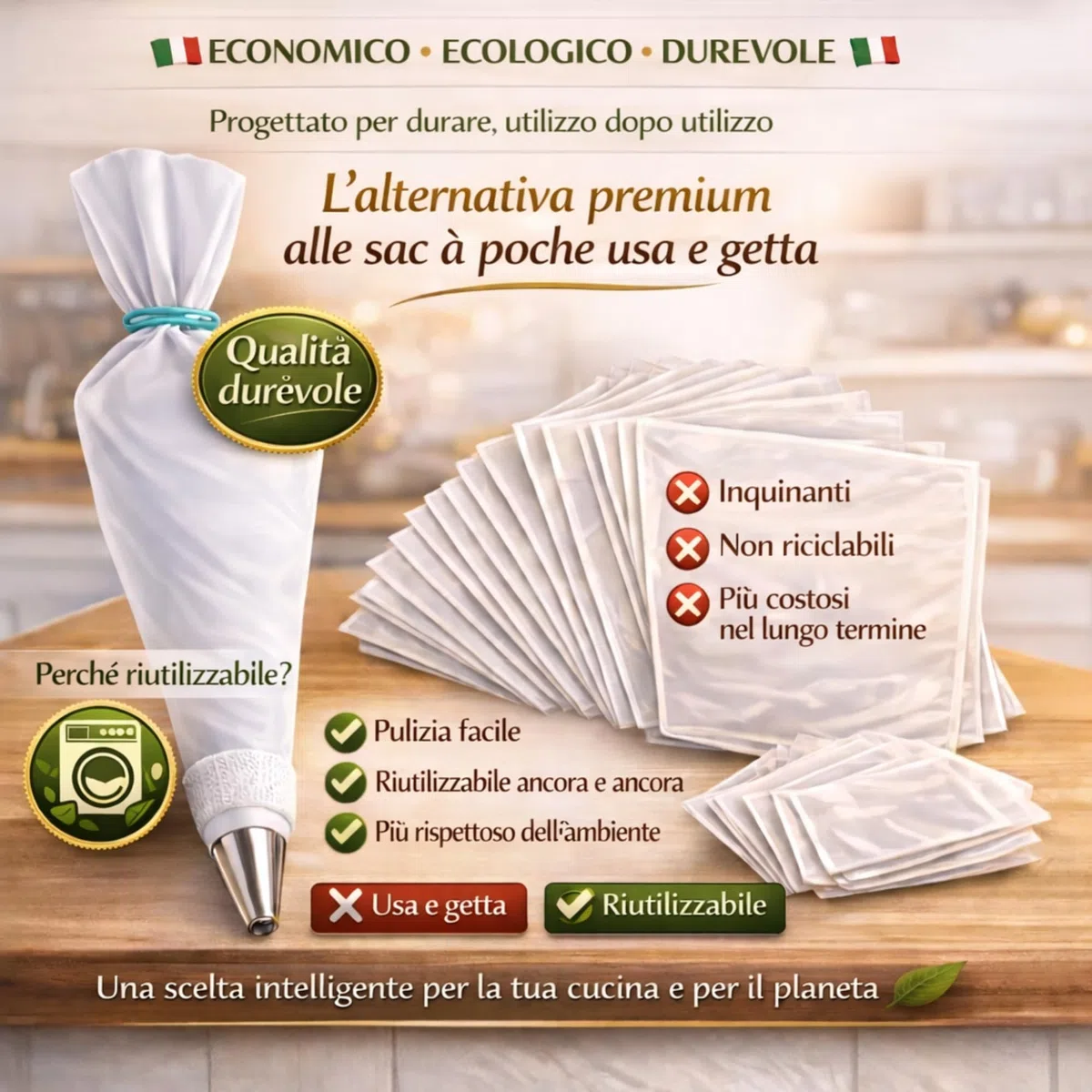 Sac à poche professionale 40 cm | Set con 2 sacche riutilizzabili in cotone | 7 Beccucci Decorativi in Acciaio Inox | Sac a Poche Riutilizzabile in Cotone, Lavabile in Lavastoviglie | Beccucci Grandi