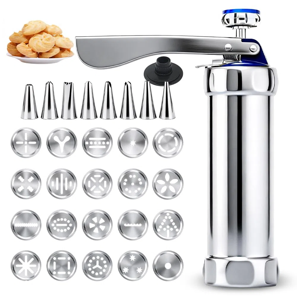 Pressa per biscotti a spruzzo, in acciaio inox, con 20 stencil e 8 beccucci in acciaio inox, macchina per biscotti, pressa per biscotti, pressa per biscotti per torte, dessert fai da te