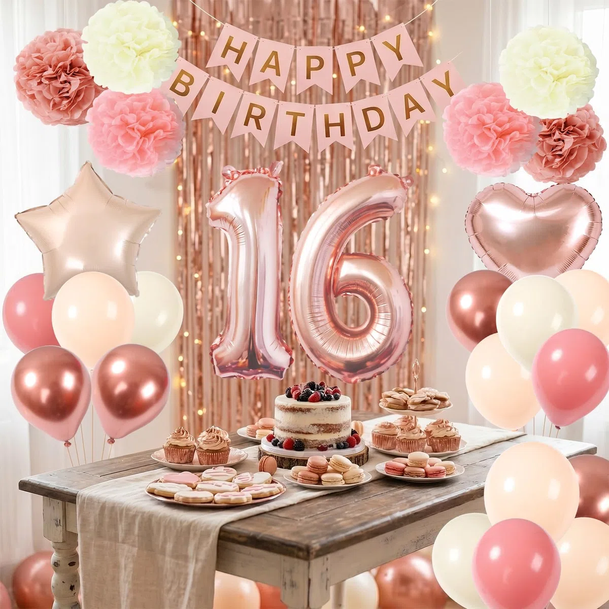Decorazioni Compleanno 16 Anni Bambina, Palloncini Compleanno Oro Rosa con Striscione Buon Compleanno, Palloncini Cuore Stella Foil, Tende Metalliche Rosegold, Pompon di Carta Rosa per Ragazze