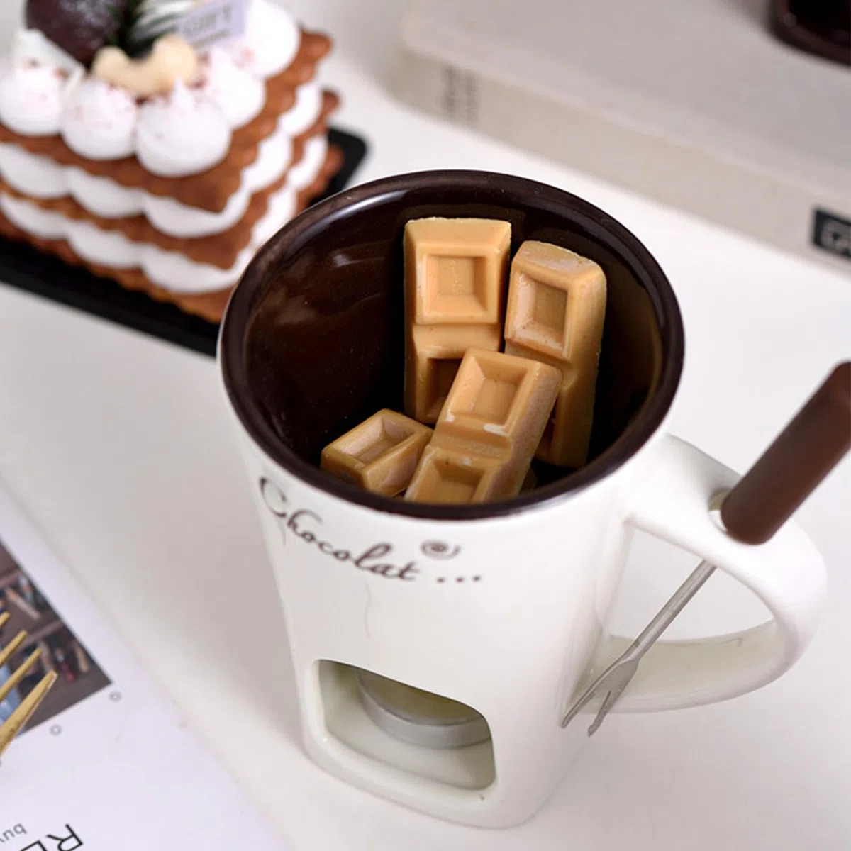 Tazza Per Fonduta Di Cioccolato, Set Creativo Di Tazze Per Fonduta Con Candele Da Tè, Tazza Da Caffè In Ceramica Per Fonduta Di Cioccolato Con Forchette, Tazze Per Sciogliere Cioccolato, Formaggio