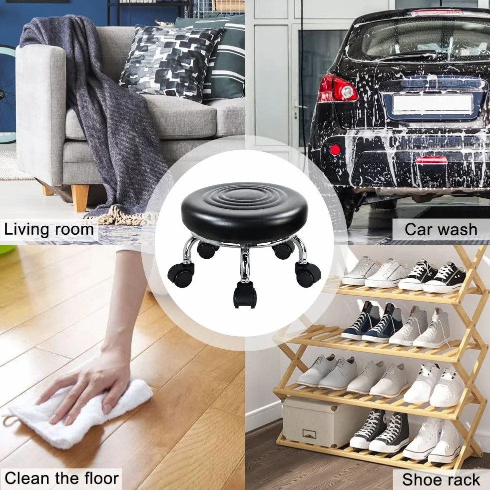 WKWKER moderno sedile a rullo in pelle PU basso rotonda sgabello girevole piccolo sgabello con ruote girevoli universali per home office garage negozio fitness sport, H: 21,3 cm (nero)