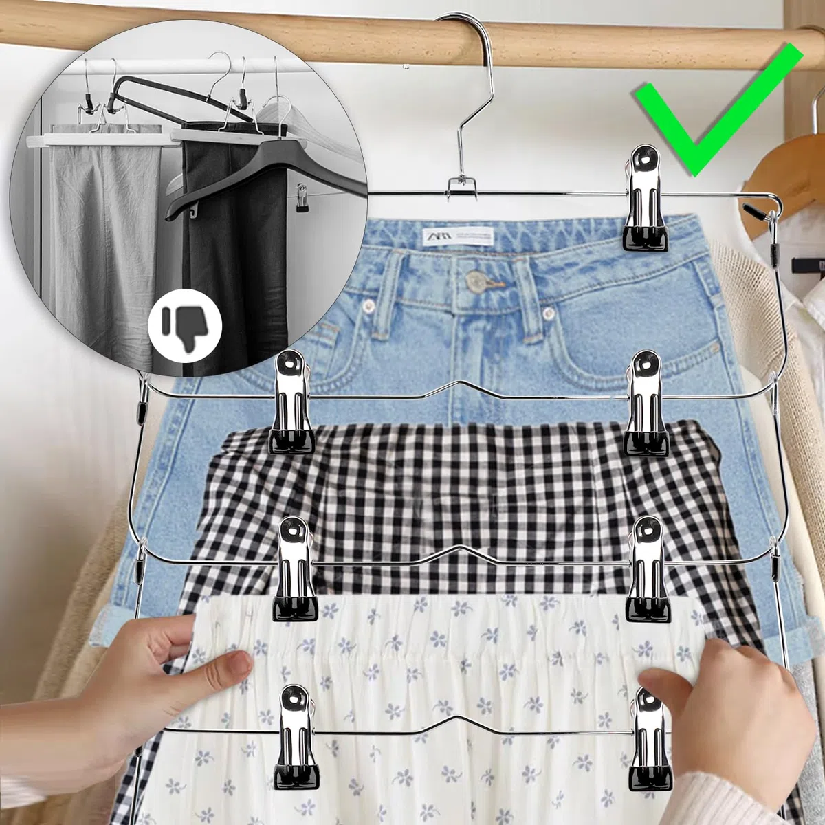 Grucce per gonne e pantaloni, con clip, a 6 livelli, salvaspazio, in metallo, antiscivolo, organizer per armadio e per riporre vestiti, pantaloncini (2, nero)