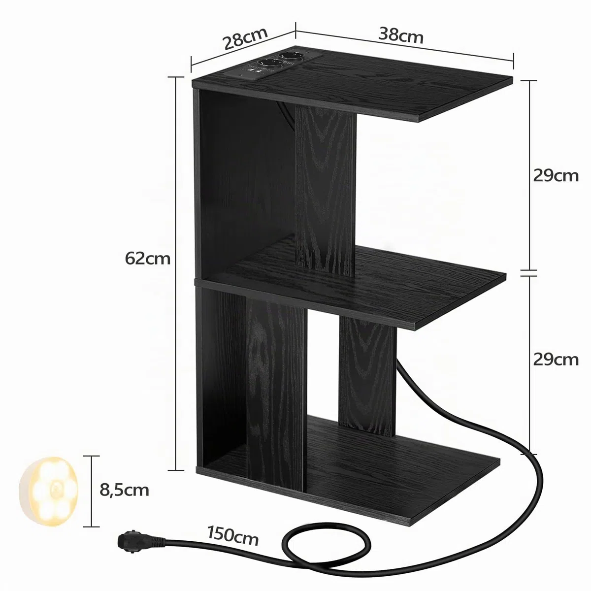 MAHANCRIS Tavolino a Forma di C con Luce a LED a Sensore Ricaricabile, Tavolino da Divano con Ripiano Portaoggetti, Nero, 38 cm x 28 cm x 62 cm