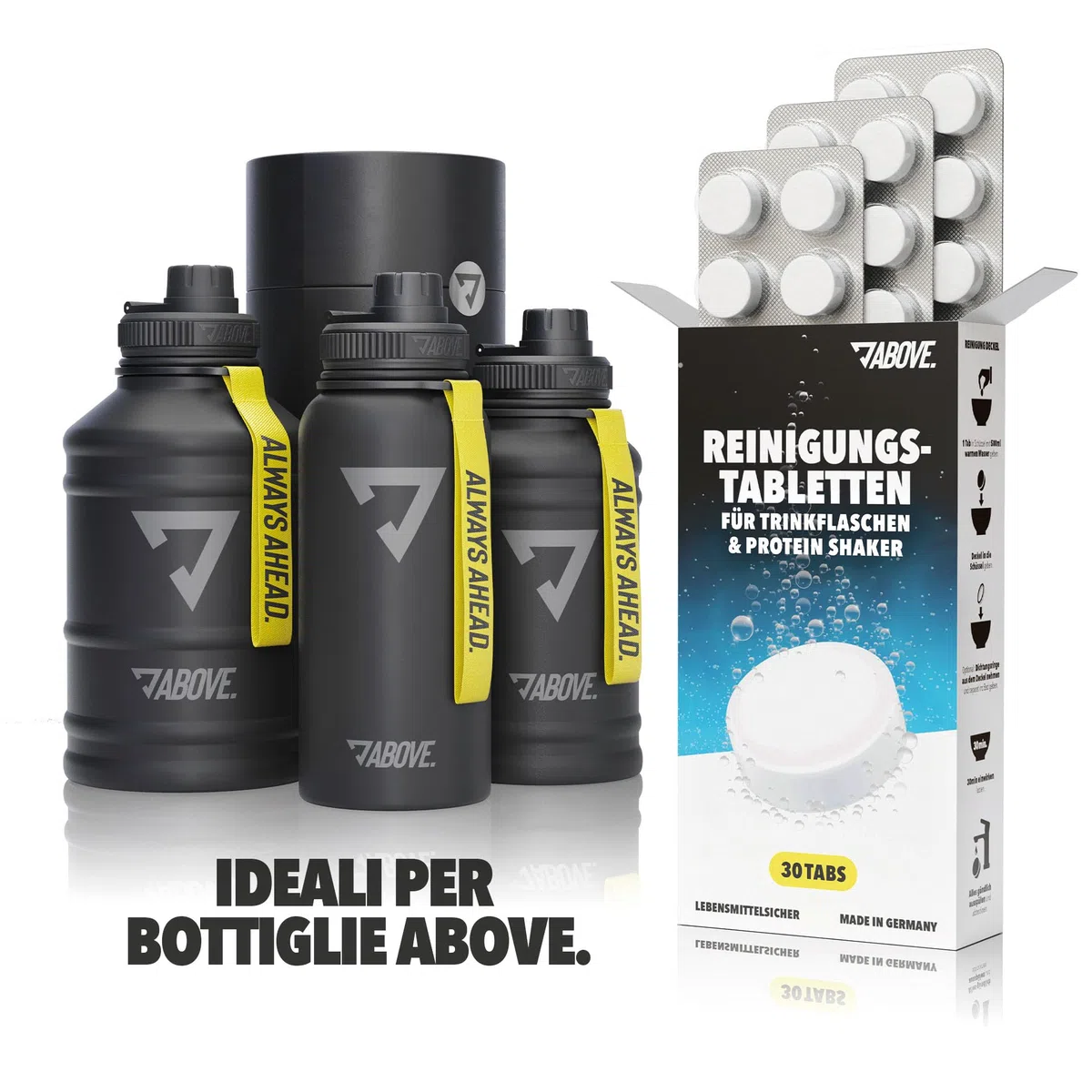 ABOVE Pastiglie Igienizzanti per Bottiglie - 30 TABS | MADE IN GERMANY | Rimuove Residui e Odori | Per Borracce, Shaker, Thermos in Acciaio Inox, Vetro e Plastica