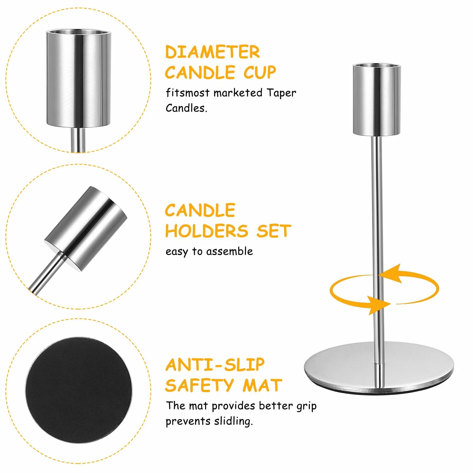 3 Pz Porta Candele da Tavolo, Portacandele Argento, 8.5/14/16cm Candelabro Portacandele in Metallo per Candela cilindrica, Candeliere da Tavolo per Matrimoni Compleanni Natale Decorazioni(Argento)