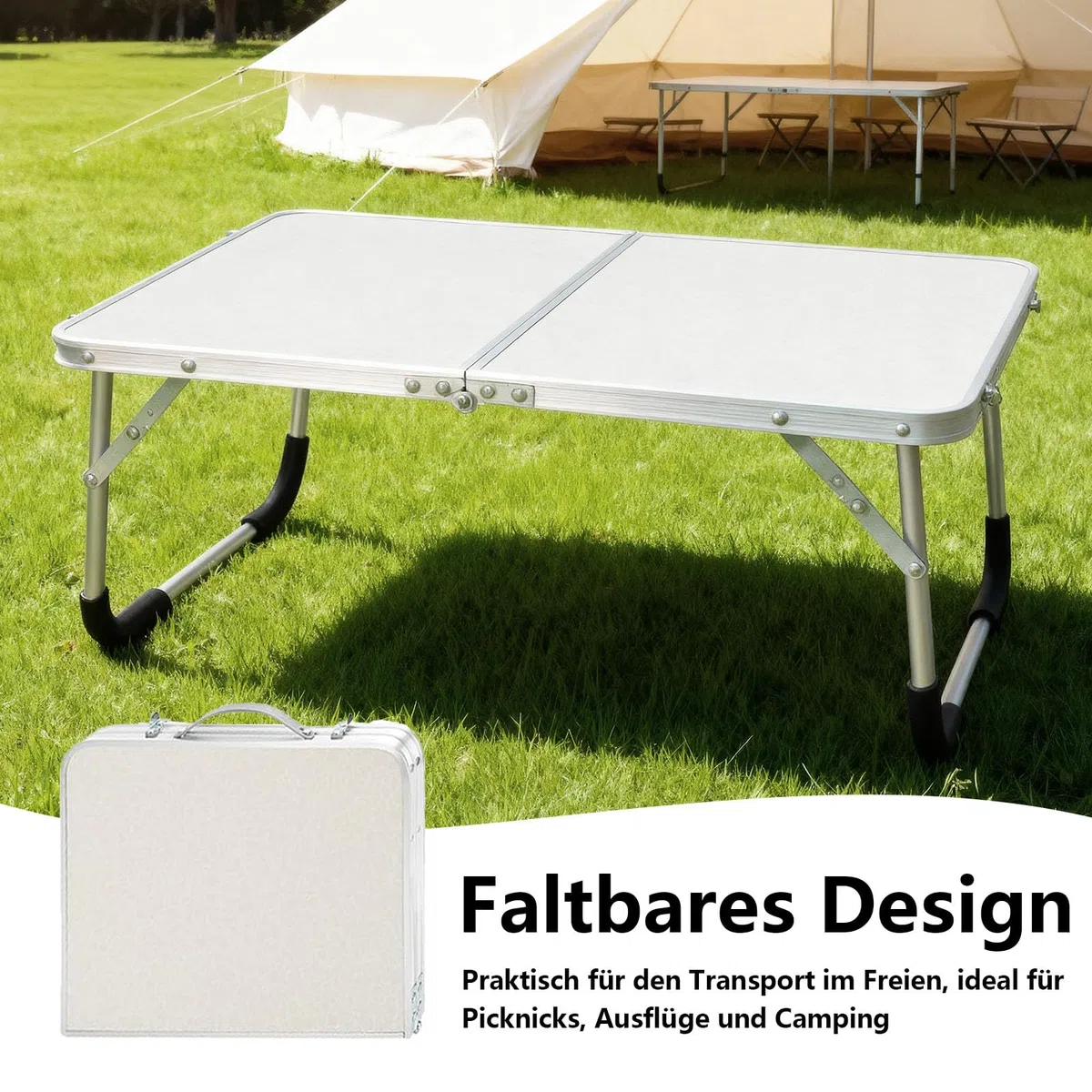 Tavolino da Spiaggia, 61 x 40 x 26 cm Alluminio struttura Tavolino da Spiaggia Pieghevole, Petite Pliante Table Camping con blocco, per uso Interno ed Esterno, Bianco
