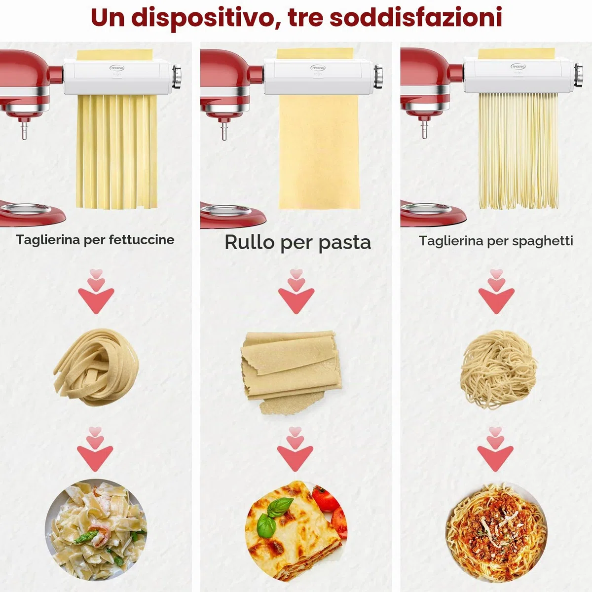 TPGSING Set 3 in 1 per robot da cucina KitchenAid, macchina per la pasta per KitchenAid, accessori per la pasta maker, set con rullo per pasta spaghetti, taglierina fettuccine