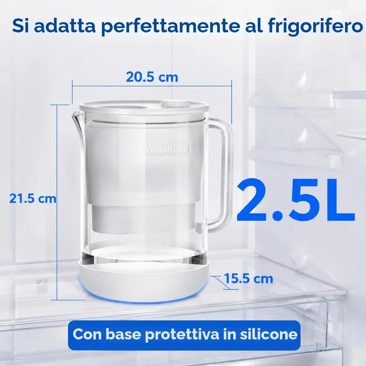 Waterdrop Caraffa Filtrante per Acqua, 2,5L, con Filtro da 2 Mesi, Certificata NSF 53 & 42 & 372, Riduce PFOA/PFOS, Cloro, Cadmio, Rame, Mercurio, WD-PT-72W