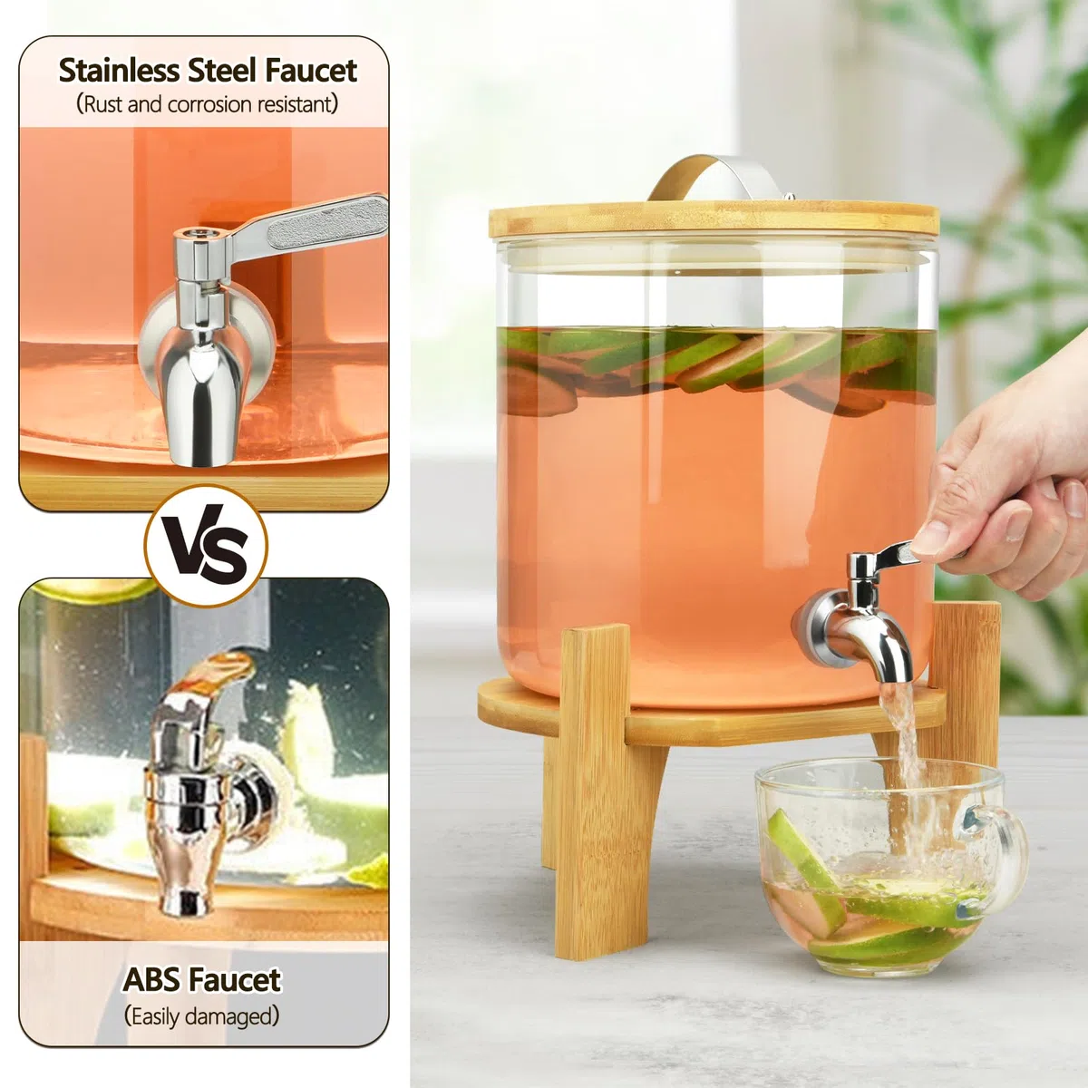 Dispenser per bevande, 10 l, in vetro, con rubinetto in acciaio inox, con supporto in bambù, per feste
