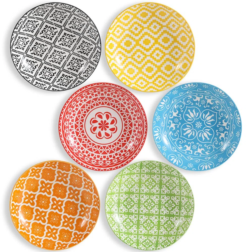Servizio Piatti Fondi in Ceramica Colorati, Profondi 20 cm - per Zuppa | Insalata | Pasta | Gourmet | Risotto - Lavabile in Lavastoviglie e Microonde - Set di 6