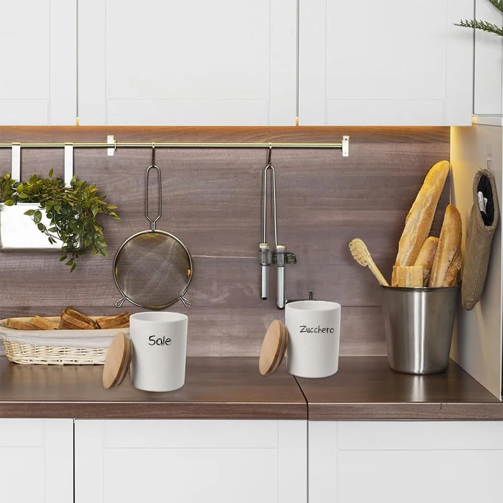 Maury's Set Barattoli in Ceramica con Top in Legno 10x13cm: Sale e Zucchero (Tondo Bianco -2 Pz)