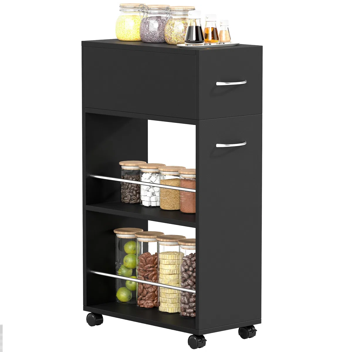 HOMCOM Carrello da Cucina con 2 Ripiani Aperti, Cassetto, Parapetti e Ruote a Freno, Carrello Cucina Salvaspazio Portaoggetti in Truciolato e Acciaio Inox, per Bagno, Soggiorno, 25x50x85 cm, Nero