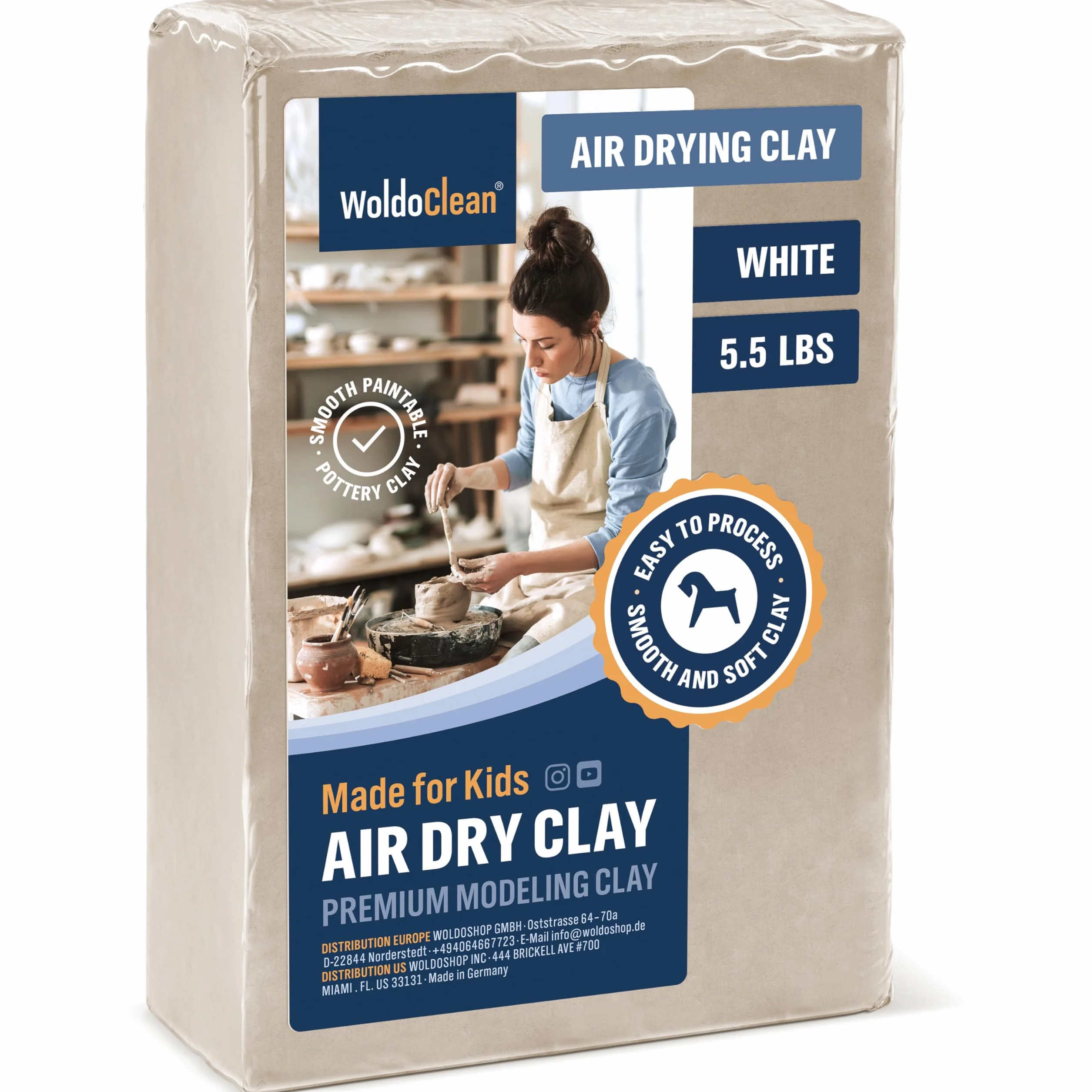 WoldoClean Argilla da Modellare Autoindurente Bianca 2,5 kg Pasta Senza Cottura Air Dry Clay per Ceramica a Freddo