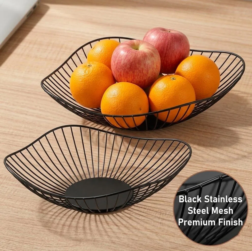 Set di 2 cestini per frutta in metallo, moderni, in metallo, con design a cavità, per la casa, elegante regalo, per feste, colore nero