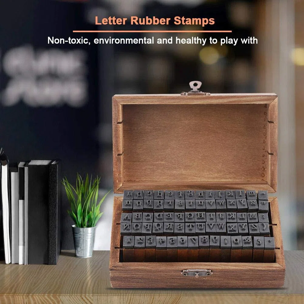 70PCS Timbri in legno vintage, alfabeto in legno lettera timbri compatibili con carta/tessuto/plastica/vetro/legno - Set di timbri numerati fai-da-te con scatola di immagazzinaggio